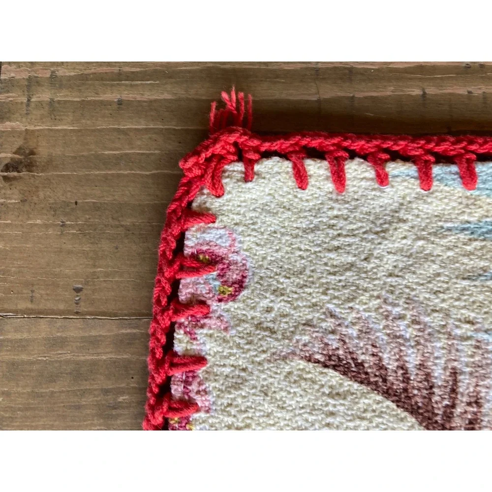 Vintage Floral Tapestry Placemat Red Crochet Edge Botanical Leaf Table Runner